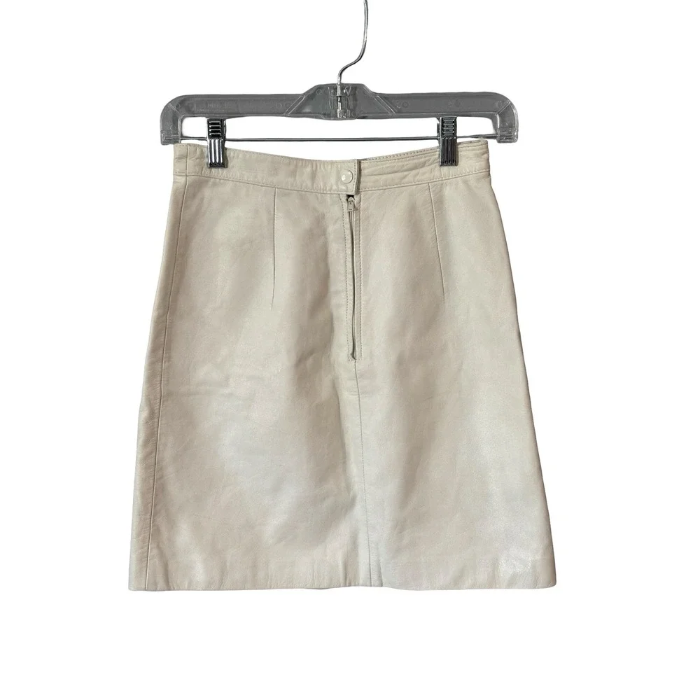 Bermans Vintage Leather Mini Skirt Size 6 Cream High Waisted Genuine Leather